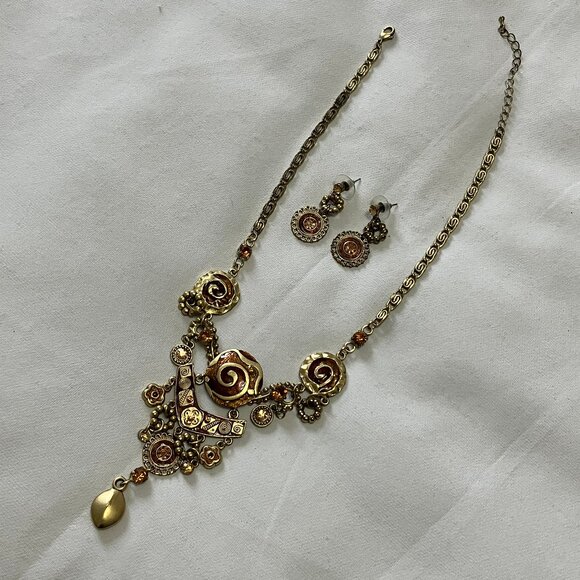 Art Deco-styled Brown/Gold Tone Fashion Costume Necklace & Earring Set - Picture 3 of 9